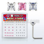 nszbqm silver nose studs w square assorted color prong cz