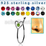 nvcl4 silver fake nose clip w wire heart w a central crystal