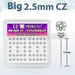 nyzbc25 silver bend it nose studs w big 2 5mm clear prong set cz