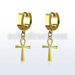 pair gold steel huggies earrings w dangling ankh cross 