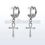 pair of steel huggies earrings w a dangling ankh cross 