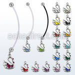 pnd472 pregnancy belly ring w dangling swan with crystals 