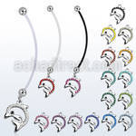 pnd672 pregnancy belly ring w dangling crystal studded dolphin 