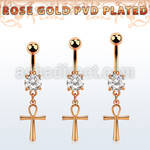 rose gold steel belly banana w cz & dangling ankh cross 