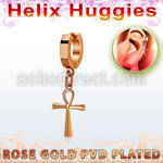 rose gold steel helix huggie w a dangling ankh cross 
