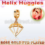 rose gold steel helix huggie w a diamond dangling 