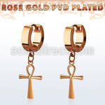 rose gold steel huggie earring w a dangling ankh cross 