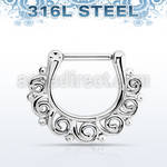 sepw16 high polished steel septum clicker w indian swirl design