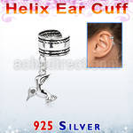 silver helix ear cuff w a rope edge w a bird dangling