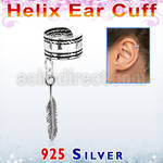 silver helix ear cuff w a rope edge w a feather dangling 