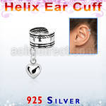 silver helix ear cuff w a rope edge w a heart dangling 