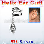 silver helix ear cuff w a rope edge w a leaf dangling