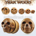 skte teak wood double flared plug with hand carved skull