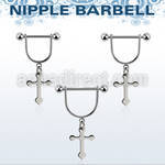 snpod22 steel stirrup nipple ring w dangling small cross