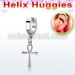 stainless steel huggie w a dangling ankh cross 