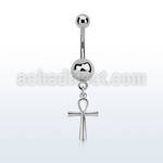 steel belly banana 14g w a dangling ankh cross 