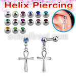 steel helix barbell w jewel ball dangling ankh cross 