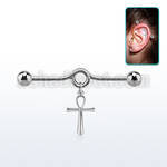 steel industrial loop barbell w dangling ankh cross 