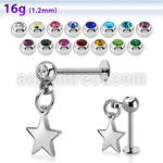steel labret w a jewel ball & a dangling steel star