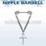 steel nipple barbell w chain & dangling ankh cross 