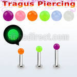 tlbglb3 316l steel tragus labret 16g 3mm glow in the dark ball 