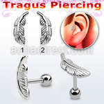 trg2918 316l steel tragus piercing w feather shaped top 18g 1mm