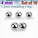 xbal4s pack of 4mm high polished 316l steel balls threading 16g