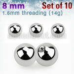 xbal8 pack of 8mm high polished 316l steel balls threading 14g