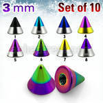 xcnmt3 pack of 3mm zebra striped pvd plated 316l steel cones