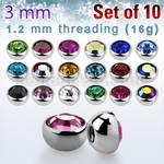 xhjb3 pack of 3mm 316l steel half jewel balls w bezel crystal