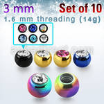 xjbt3g pack of 3mm anodized 316l steel balls w bezel crystals
