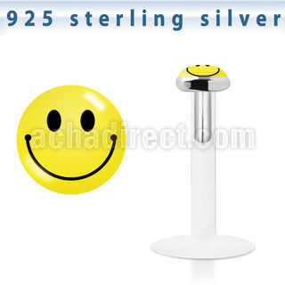 bilg21 labret bio flexible transparente plata esterlina presion 3mm logo cara sonriente amarilla al por mayor