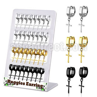 brer36 display 16 pares huggie acero inoxidable liso oro negro colgante cruz lisa al por mayor