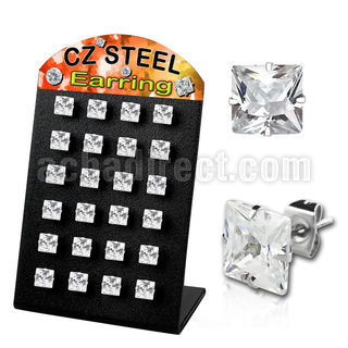 brezq6 display 12 pares piercings oreja acero inoxidable zirconia claras cuadradas 6mm venta