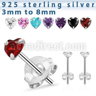 czhtm par piercings oreja plata 925 zirconia corazon 3mm 8mm mayorista
