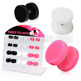 dacb78c display 24 plugs falsos acrilicos anillo goma negro blanco rosa  6mm 8mm mayorista