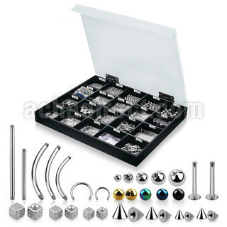 dmbj13 display acrilico 945 partes piercings acero quirurgico bolas conos dados barras bananas barbells circulares labret barbells mayorista