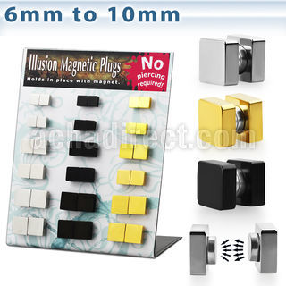 mgmpr18 display 18 plugs falsos magneticos acero anodizado oro negro acero brillo espejo cuadrado anillo venta