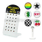 brlbi21 display 24 labrets bio flexibles transparentes plata esterlina presion 3mm logos variados 8mm distribuidor mayorista