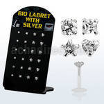 brlbi4 display 24 labrets bio flexibles transparentes zirconita claras formas redondas cuadradas corazon estrella 8mm venta