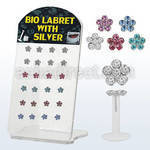 brlbi8 display 24 labrets bio flexible claros ocn flor plata esterlina hojas cristal 8mm mayorista