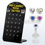 brlbi9 display 24 labrets bio flexibles transparentes corazon plata esterlina cristal centro 8mm distribuidor