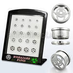 brpg144 mayorista display 20 dilatadores tunel acero anodizado rosca logo peligro biologico grabado laser 6mm 14mm distribuidor mayorista