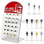 dacb74 pequeno display 24 labrets bio flexibles bolas conos acero quirurgico anodizado 3mm 8mm venta