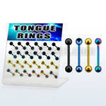 dacb7 display 24 barbells lengua acero quirurgico anodizado bolas 6mm 16mm al por mayor