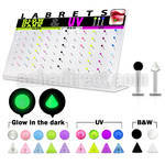 dacb87 display acrilico 72 labrets variados acero bolas conos 3mm acrilico uv brillan oscuridad 6mm 8mm mayorista