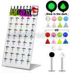 dbjmx1 display 40 labrets acero quirurgico bolas conos 3mm uv brillan oscuridad 8mm distribuidor