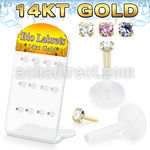 dgbizm2 bioflex labrets 14k gold push pin tops cz prong set