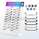 dind23 display 18 barbells superficiales industrial acero 316l brillo espejo pvd bolas 5mm 38mm mayorista