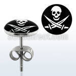 er196 par piercings oreja acero inoxidable logo calavera blanca espadas cruzadas fondo negro 10mm distribuidor